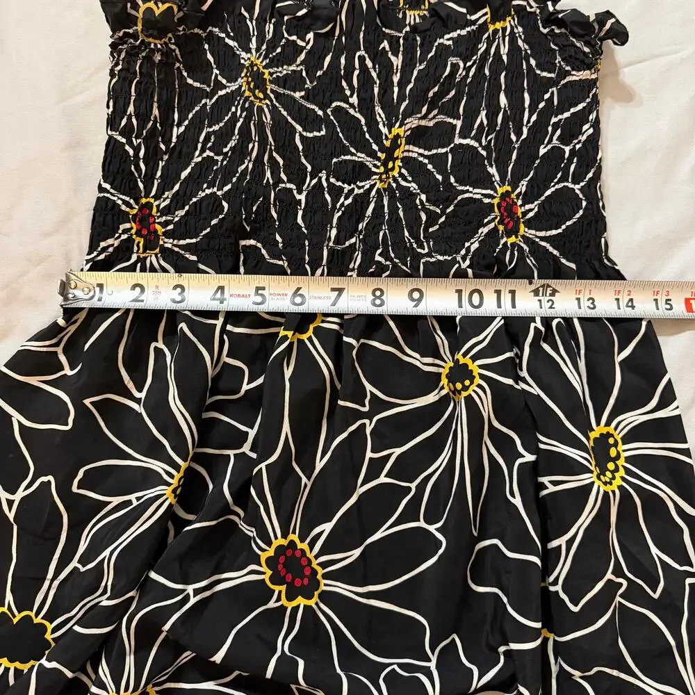 Anna Sui Anthropologie Silk Tie Straps Floral Dress Small S Black Smocked - Picture 11 of 13